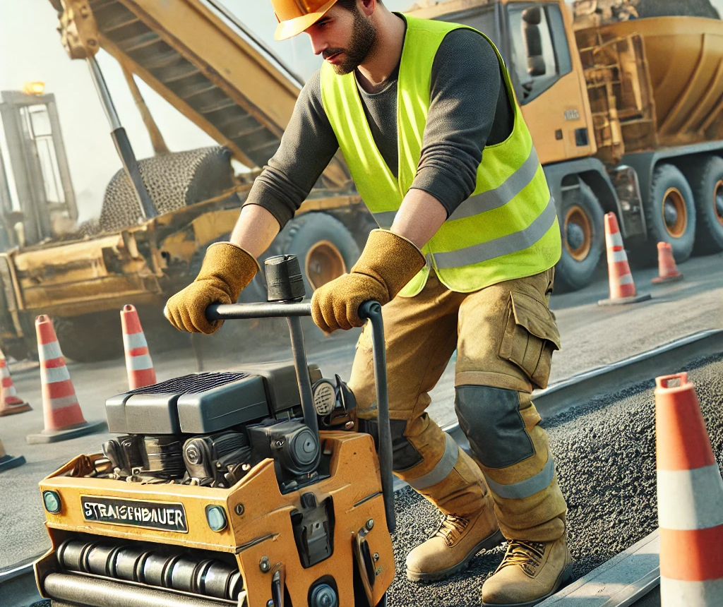 Ein Bild eines Straßenbauers, der auf einer Baustelle arbeitet und den Asphalt mit einer Handwalze glättet.