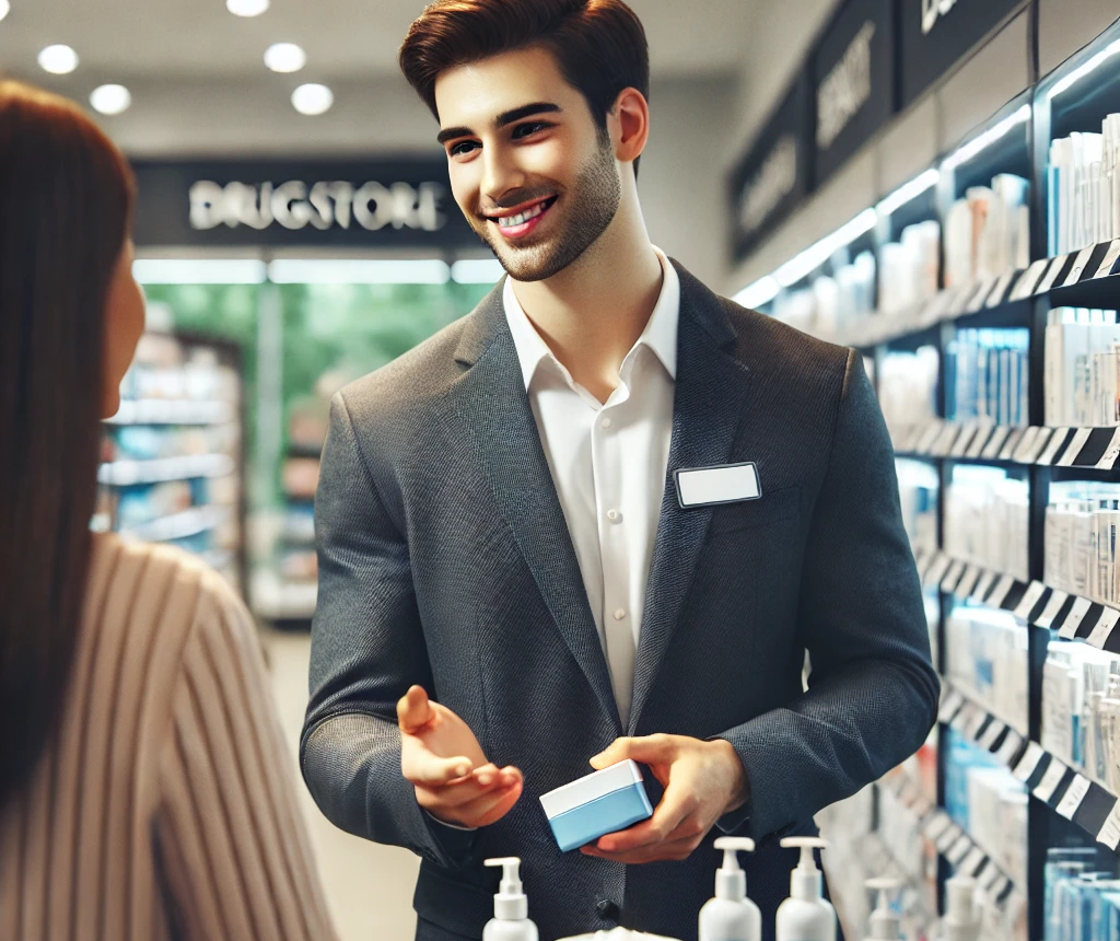 Ein Verkäufer interagiert mit der Kundin in einem Drogeriemarkt.